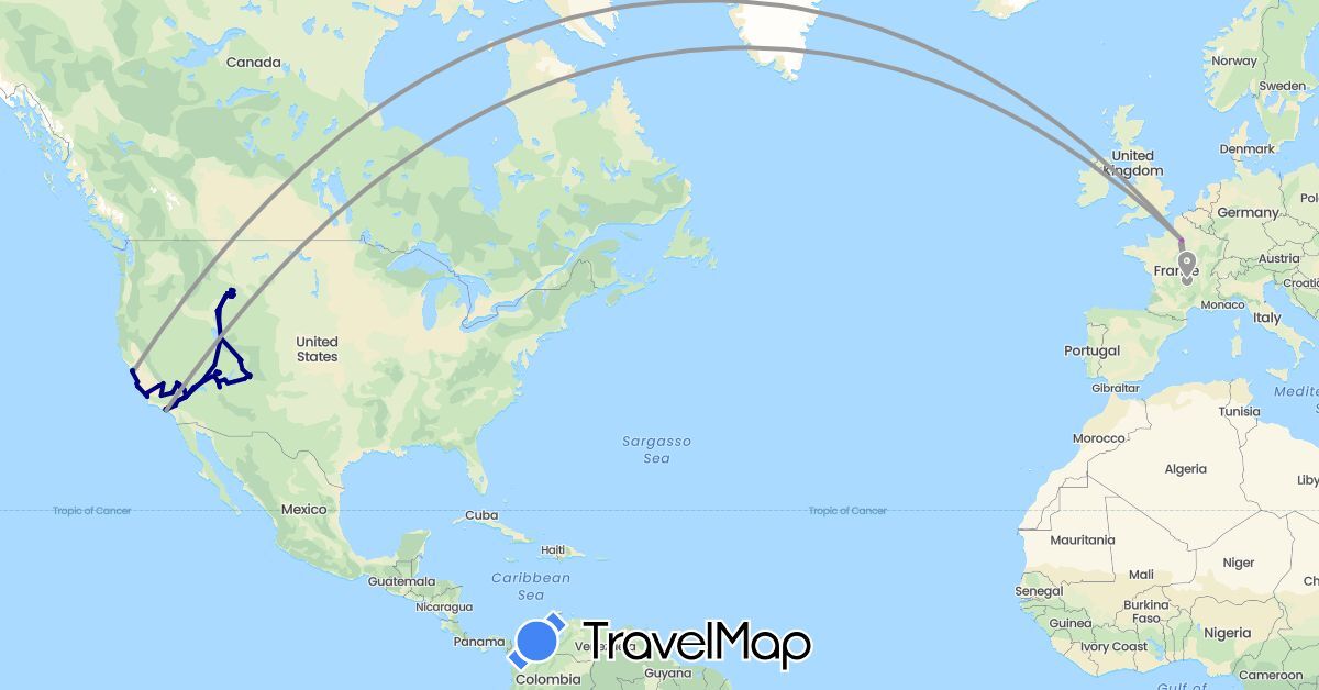 TravelMap itinerary: driving, bus, plane, train, hiking, boat in France, United States (Europe, North America)